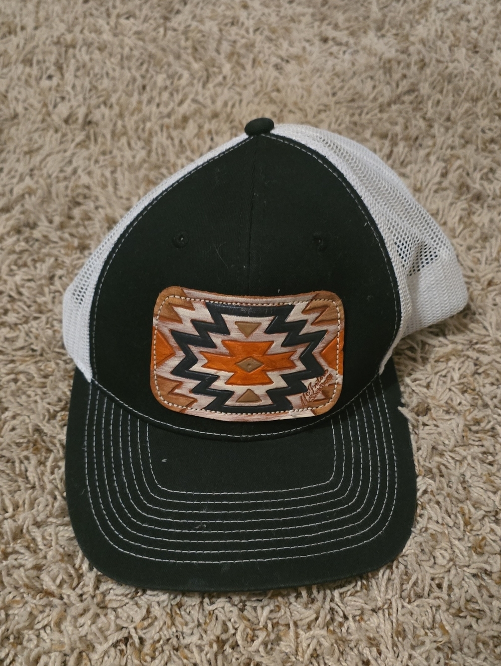 Black and White Trucker Hat with Southwestern Leather Patch